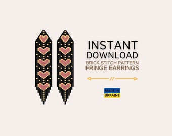 May include: A digital download pattern for brick stitch fringe earrings featuring a black background with pink hearts. The pattern is for instant download and is made in Ukraine.