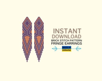May include: A digital download pattern for brick stitch fringe earrings. The earrings are purple and orange with a geometric design. The text "INSTANT DOWNLOAD" and "BRICK STITCH PATTERN FRINGE EARRINGS" is displayed on the image. The text "MADE IN UKRAINE" is also displayed on the image.