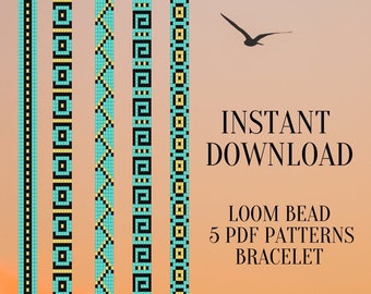Loom Seed Bead Bracelet Pattern Set 5 PDF, Southwestern Loom Pattern, Do it Yourself DIY, Instant Digital Download, Turquoise Gold Boho Loom