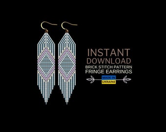 May include: A pair of long, white beaded fringe earrings with a geometric pattern in shades of blue, purple, and white. The earrings are made with brick stitch and have gold hooks. The text "INSTANT DOWNLOAD BRICK STITCH PATTERN FRINGE EARRINGS MADE IN UKRAINE" is displayed below the earrings.