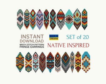 20 Native Inspired Brick Stitch Pattern SET, Brickstitch Seed Bead Earrings Pattern Fringe, Indigenous Beading pattern, DIY Digital Download