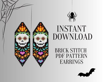 Brick Stitch Sugar Skull Boucles d’oreilles Pattern, Seed Bead Halloween Earring Pattern PDF, Do it Yourself, DIY Digital Download, Brickstitch Fringe