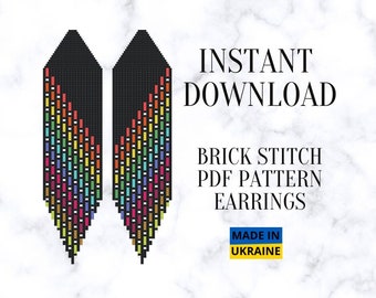 Brick Stitch Colorful Earrings Pattern PDF, Boho Cool Seed Bead Fringe Earring Bright Pattern Rainbow, Do It Yourself, DIY Digital Download