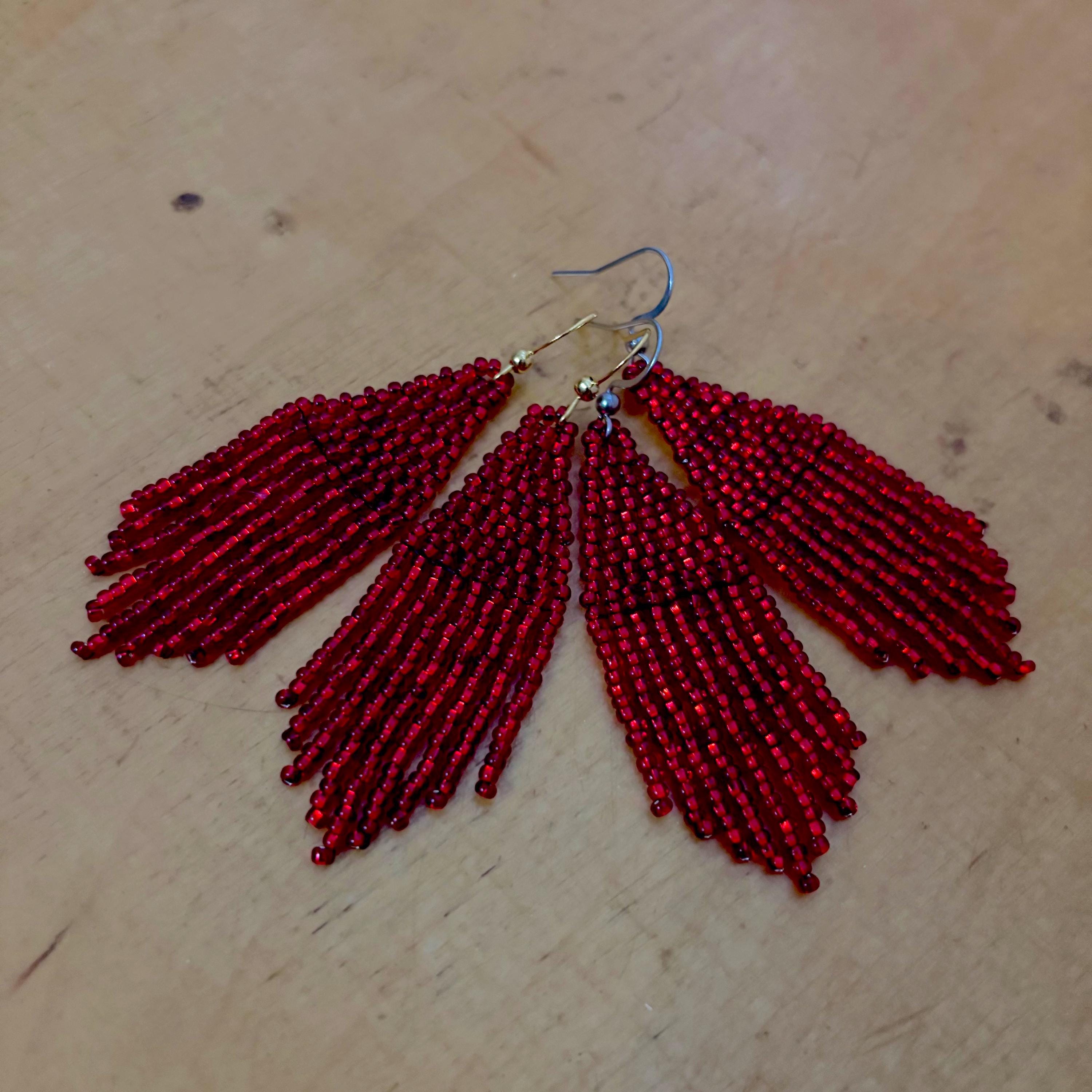 Handmade Boho Chandelier Seed Bead Earrings - Long Dangle In Aqua & Coral Red