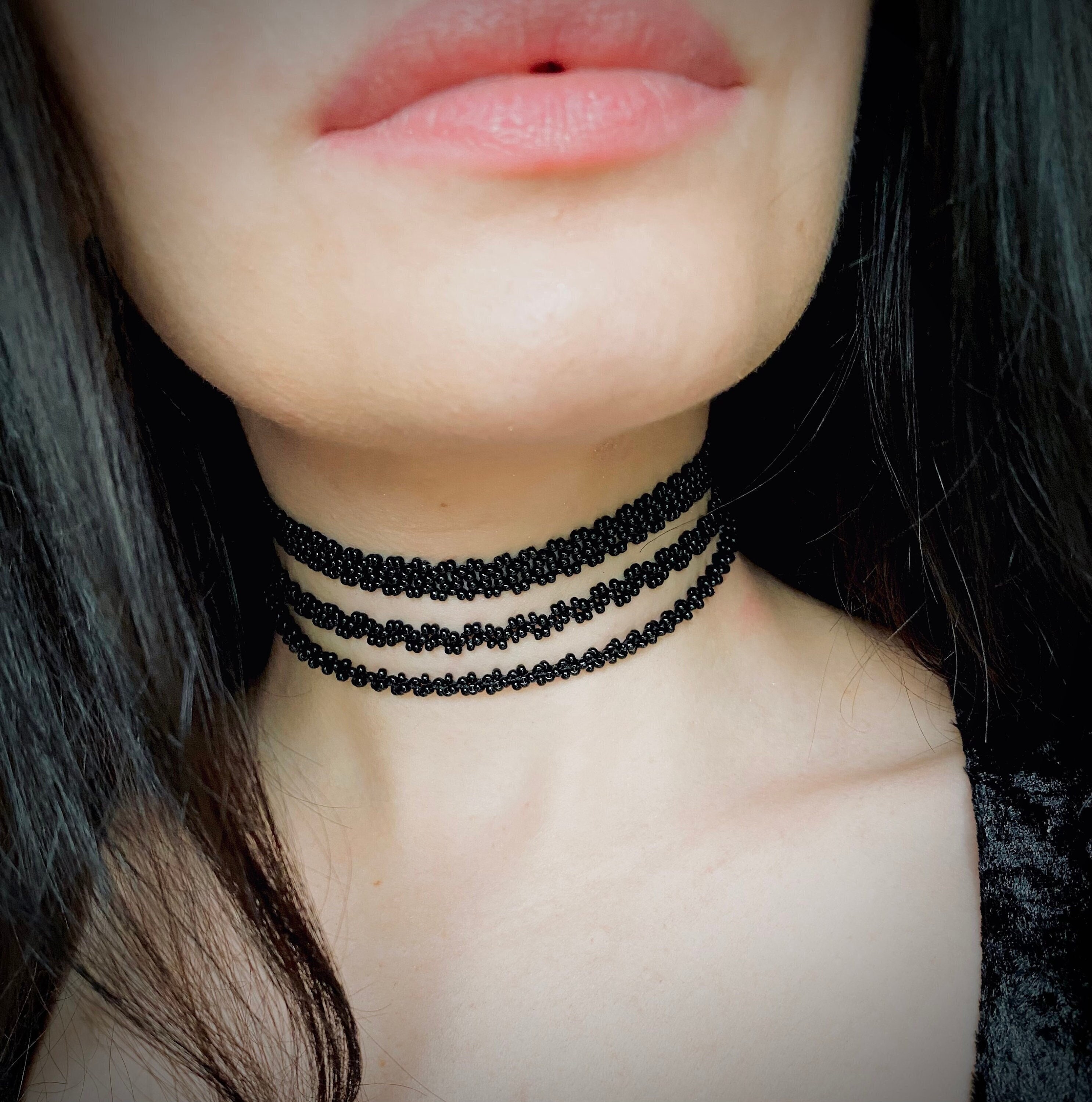 Black Seed Bead Choker Necklace for Woman, Goth Gothic Choker