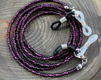 Handmade Boho Seed Beaded Glasses Chain, Festive Teacher Lanyard, Shiny Deep Purple Eyeglass Strap