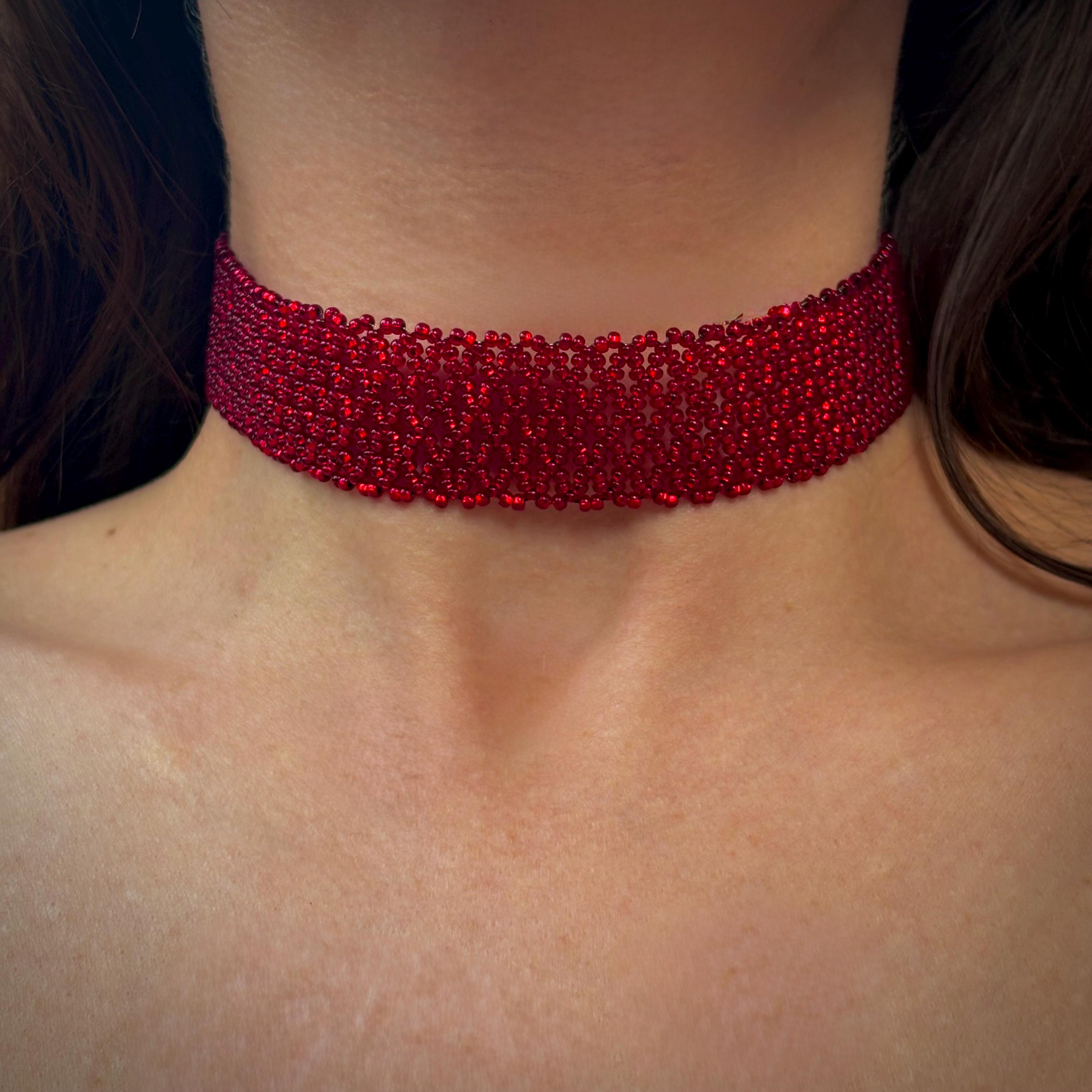 Wide Shiny Red Seed Bead Choker Necklace for Women, Choker Collar