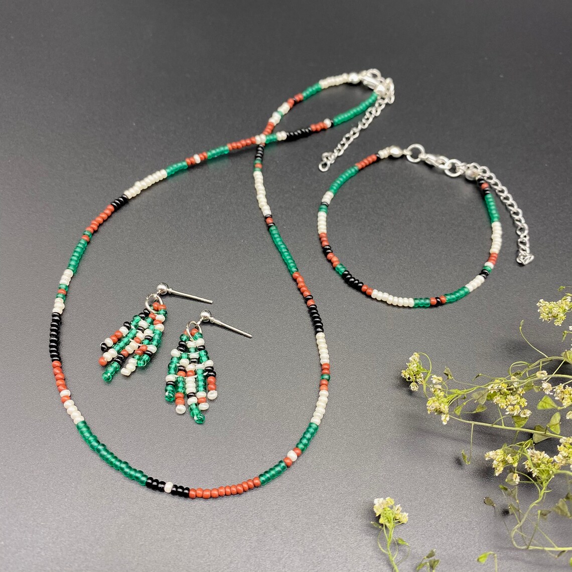 Green Native Style Seed Bead Jewelry Set / Native American Etsy