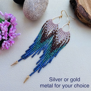 Emerald Green Blue Brown Seed Bead Fringe Chandelier Earrings, Very Extra Long Dangle Peacock Feathers Earrings, Indigenous Earthy Earrings image 2