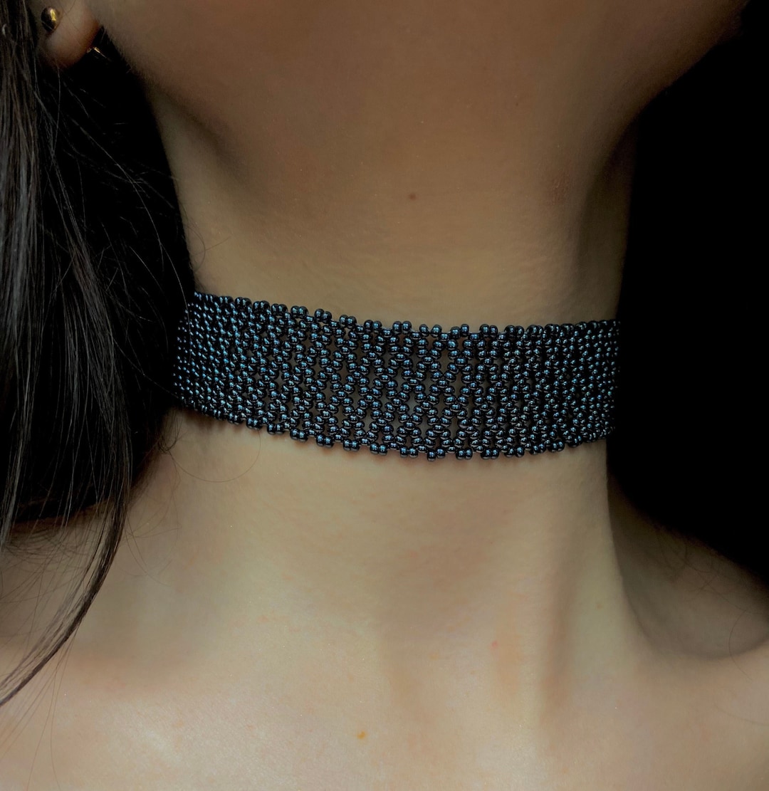 Thick Grey Metallic Seed Bead Choker Necklace Women Silver Wide Collar Choker Brutal Black Goth Gothic Handmade Lace Choker Ukraine Shop Etsy