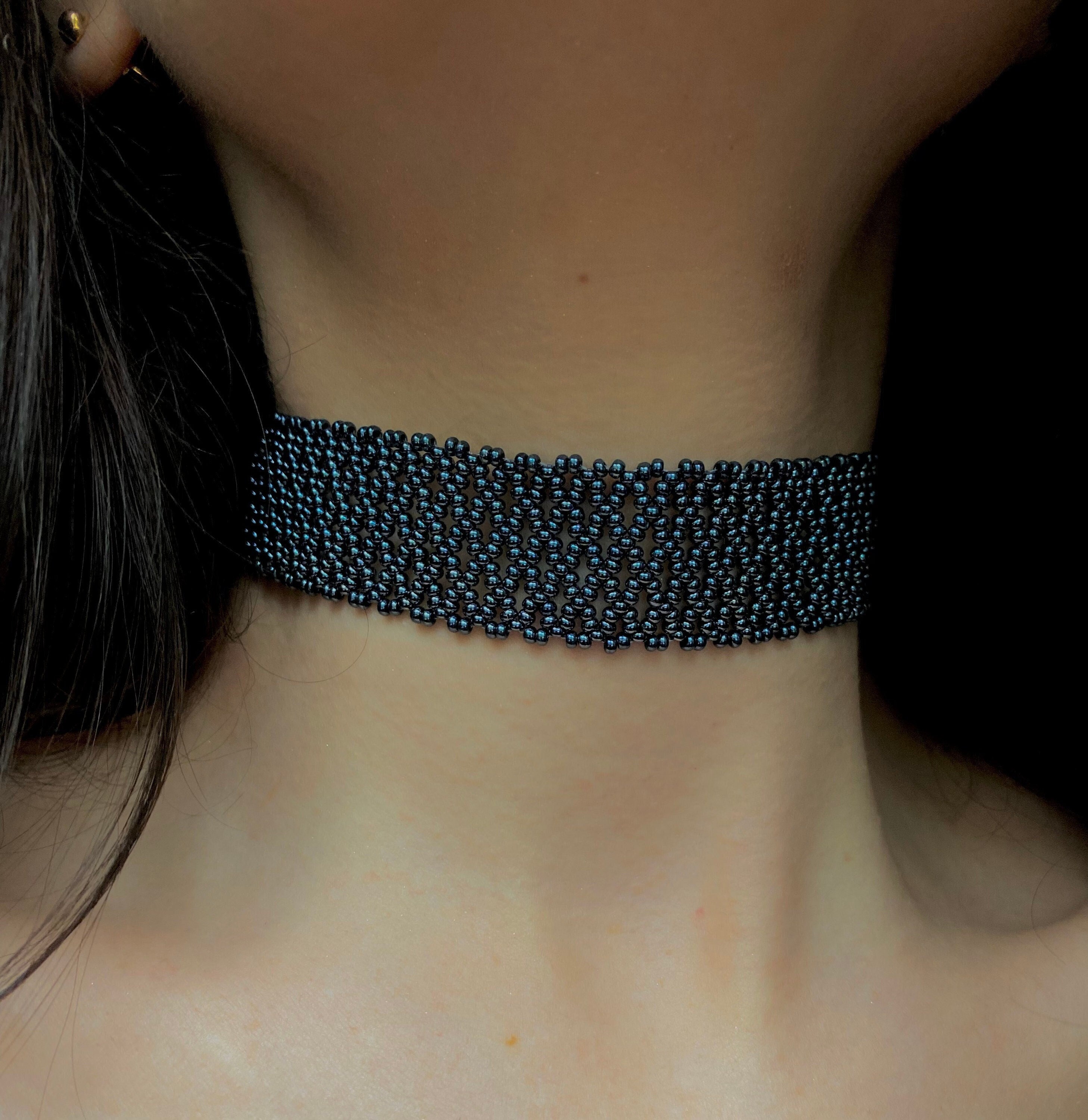 Thick Grey Metallic Seed Bead Choker Necklace Women Silver Wide