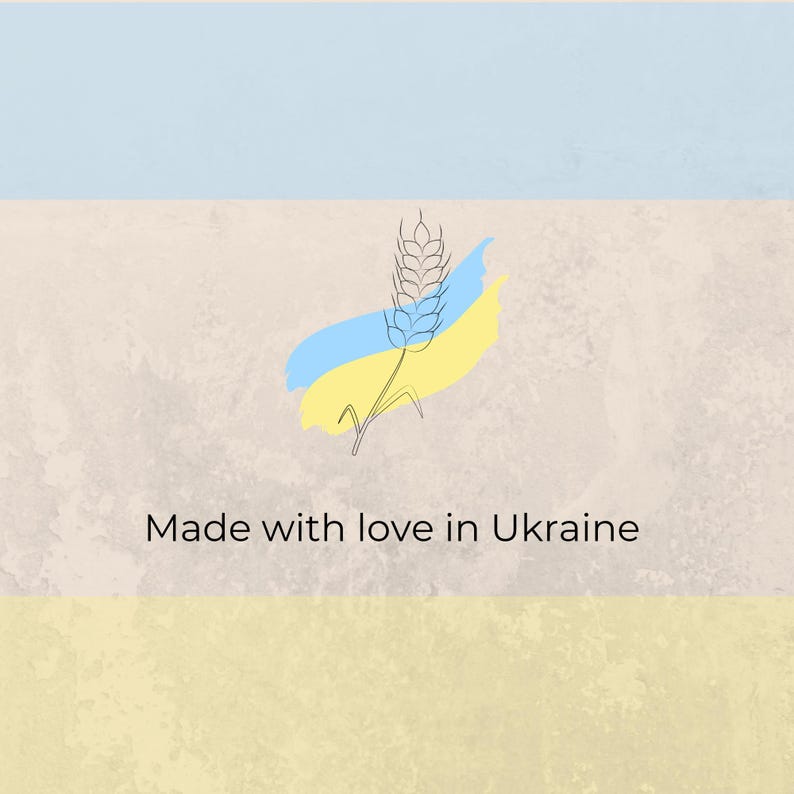 May include: A graphic design featuring the Ukrainian flag colors, blue and yellow, with a wheat stalk illustration. The text "Made with love in Ukraine" is centered below the graphic on a textured background.