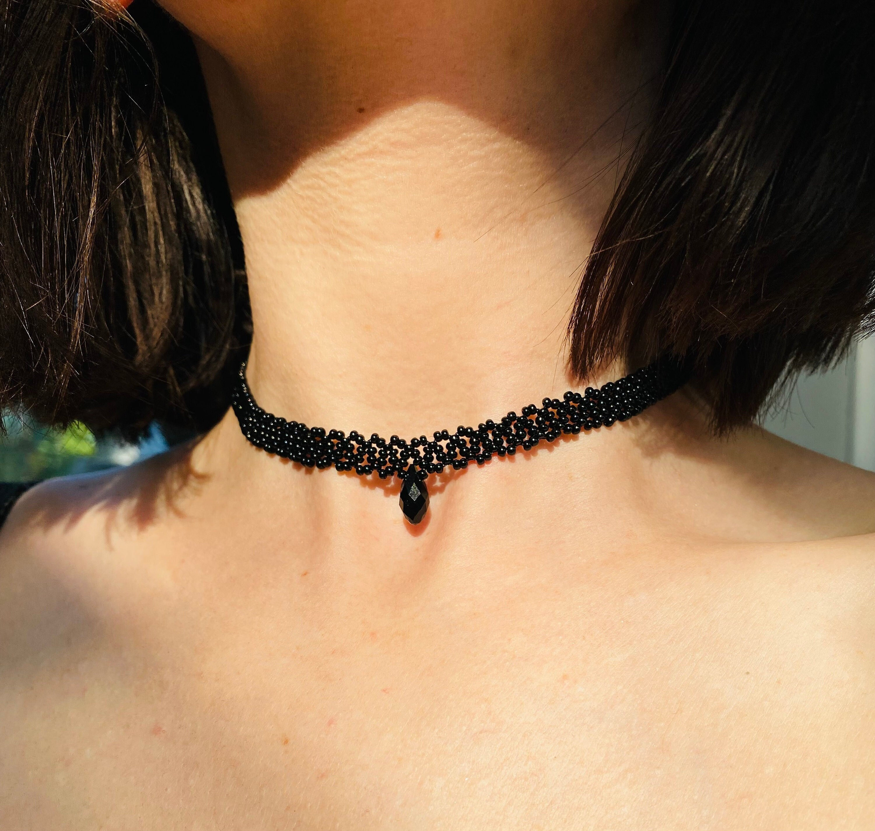 Black Seed Bead Choker Necklace, Wide Bead Lace Choker, Cute