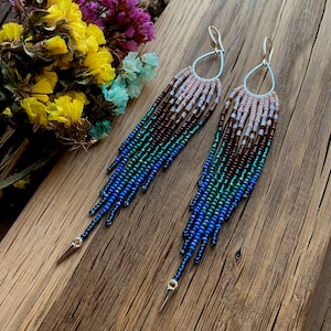 Emerald Green Blue Brown Seed Bead Fringe Chandelier Earrings, Very Extra Long Dangle Peacock Feathers Earrings, Indigenous Earthy Earrings image 3