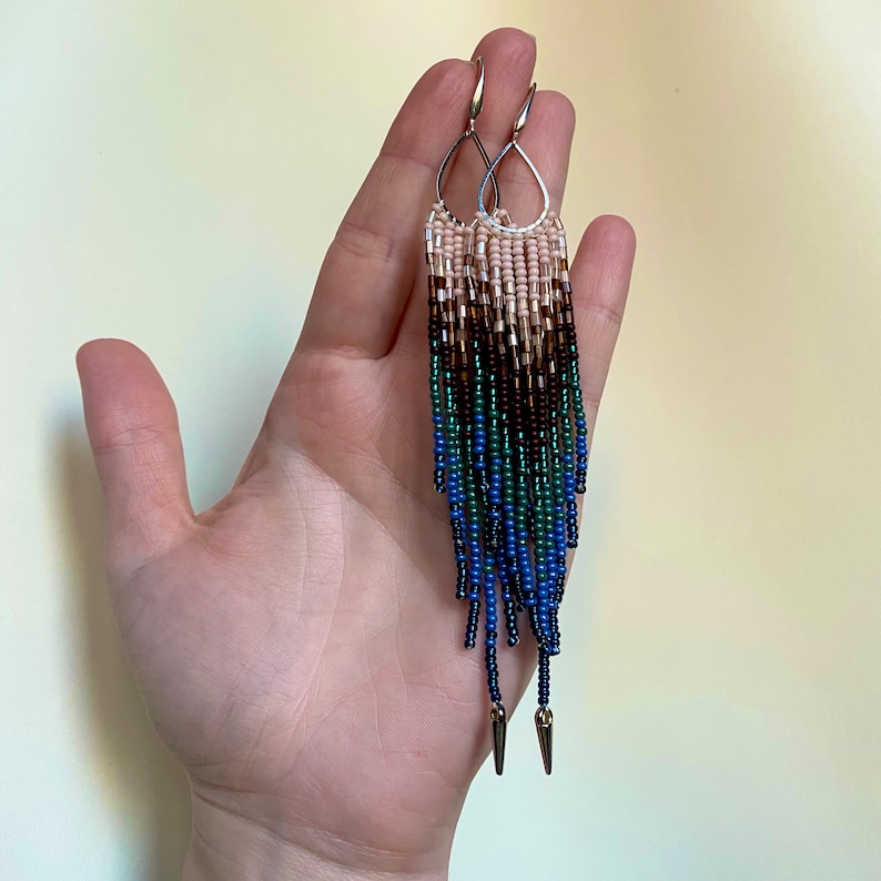 Emerald Green Blue Brown Seed Bead Fringe Chandelier Earrings, Very Extra Long Dangle Peacock Feathers Earrings, Indigenous Earthy Earrings image 6