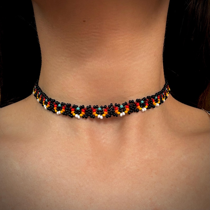 Colorful Seed Beaded Choker Necklace, Native Indigenous Inspired, Boho Hippie choker, Cool choker Collar, Thick Wide choker, Unique choker