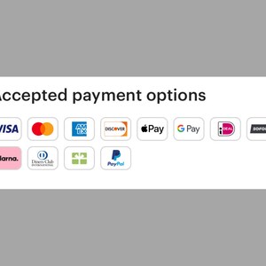 May include: A white banner with the text "Accepted payment options" in black. The banner displays logos for various payment methods, including Visa, Mastercard, American Express, Discover, Apple Pay, Google Pay, iDEAL, SOFORT, Klarna, Diners Club International, PayPal, and a green gift box icon.