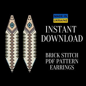 May include: Two beaded earrings with a geometric design in beige, brown, blue, and white. The earrings are long and narrow, with a pointed bottom. Text on the image reads "INSTANT DOWNLOAD" and "BRICK STITCH PDF PATTERN EARRINGS".