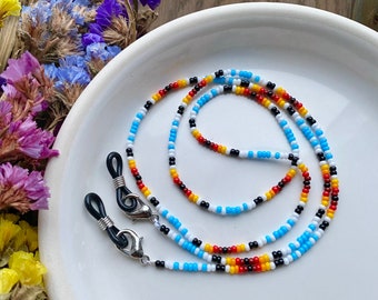 Perle de rocaille colorée faite à la main chaîne de lunettes indigène d'inspiration indigène, sangle de cordon porte-lunettes western hippie bohème, lanière d'enseignant Ukraine