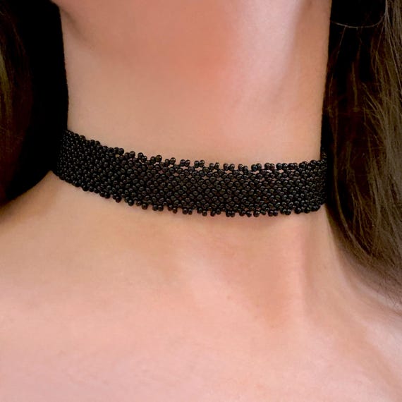 Black Seed Beaded Choker Necklace, Wide Choker, Goth Gothic Choker