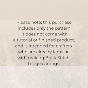 May include: Text on a light background reads: "Please note: this purchase includes only the pattern. It does not come with a tutorial or finished product, and is intended for crafters who are already familiar with making Brick Stitch fringe earrings."