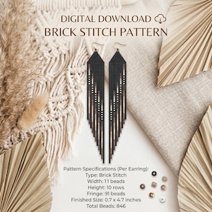 May include: Digital download of a brick stitch earring pattern. The image shows two black beaded earrings with a geometric design. The earrings are 0.7 inches wide and 4.7 inches long. The pattern includes 11 beads wide, 10 rows high, and 91 fringe beads.