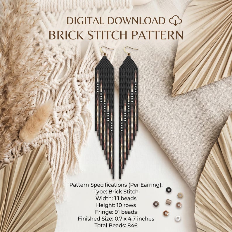 May include: Digital download of a brick stitch earring pattern. The image shows two black beaded earrings with a geometric design. The earrings are 0.7 inches wide and 4.7 inches long. The pattern includes 11 beads wide, 10 rows high, and 91 fringe beads.
