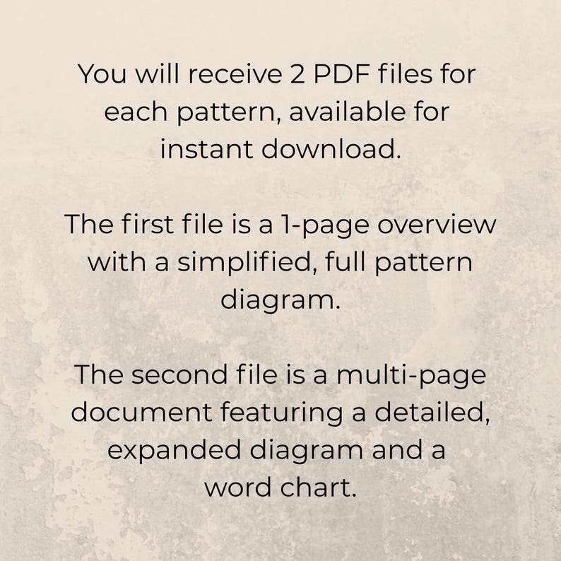 May include: Text on a beige background describes the contents of two PDF files available for instant download. The first file is a 1-page overview with a simplified diagram. The second file is a multi-page document with a detailed diagram and a word chart.