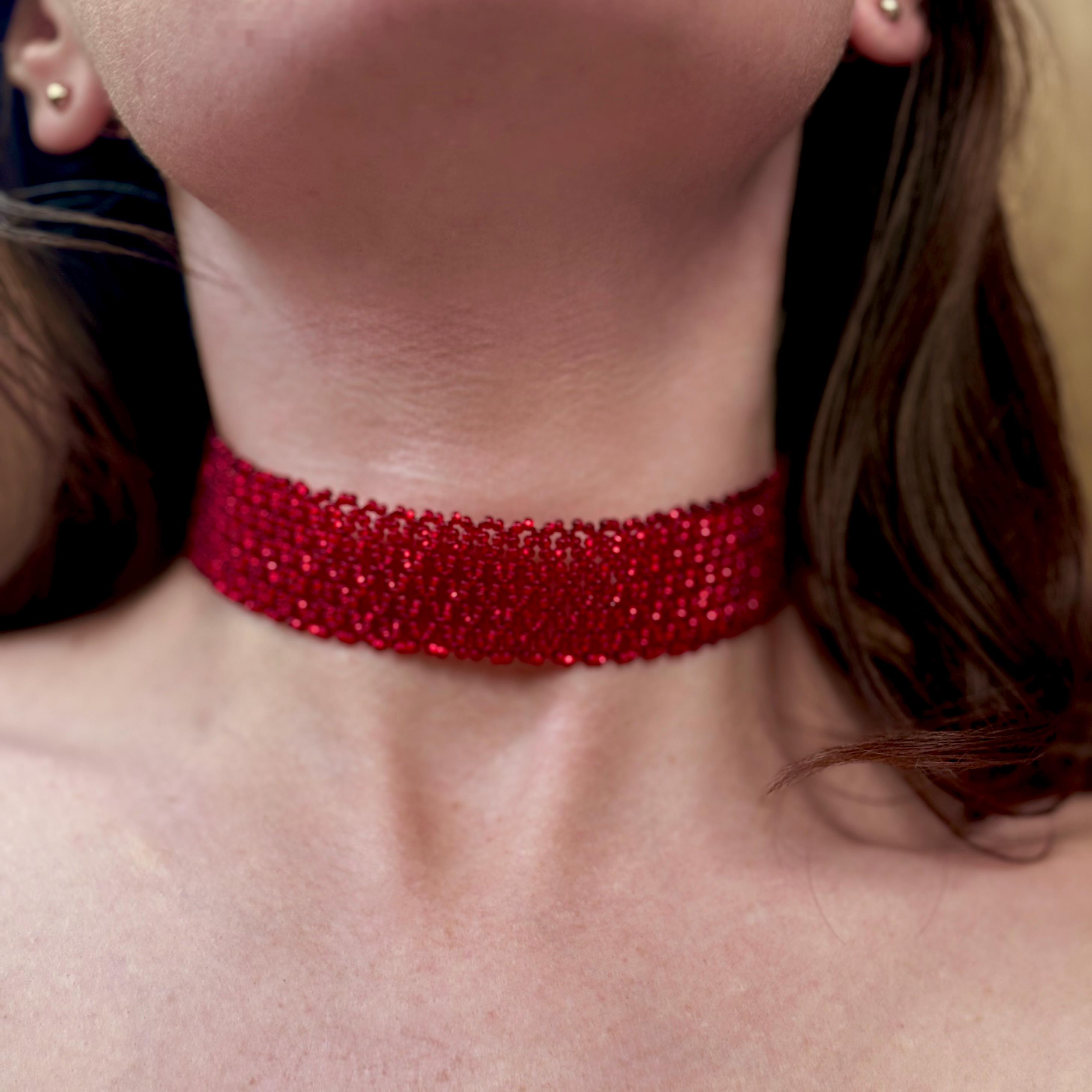 Wide Shiny Red Seed Bead Choker Necklace for Women, Choker Collar