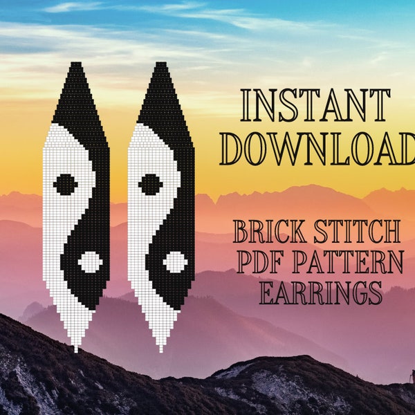 Brick Stitch Pattern Yin Yang Earrings, Long Fringe Seed Bead Earring Pattern, Black White Earring pattern, Do It Yourself, Digital Download