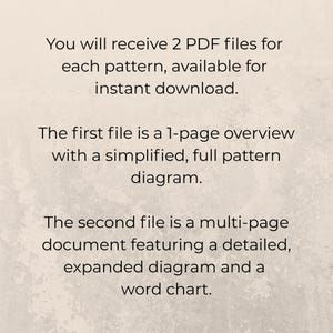 May include: A digital document containing text that states: You will receive 2 PDF files for each pattern, available for instant download. The first file is a 1-page overview with a simplified, full pattern diagram. The second file is a multi-page document featuring a detailed, expanded diagram and a word chart.