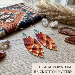 May include: A pair of long, leaf-shaped beaded earrings featuring a gradient pattern of deep red, bright orange, and teal green glass beads. The earrings are constructed with a brick stitch technique and hang from gold-toned metal ear wires.