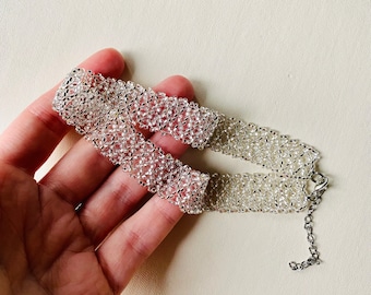 Silver Seed Bead Choker Necklace, Wide Sparkly Choker, Dainty choker, Unique Statement Choker, Boho Choker, Shiny Choker, Bohemian Choker