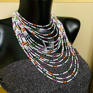 White Colorful Seed Bead Necklace, Very Extra long Wrap Necklace, Layered necklace, Statement necklace, Layering necklace, Unique necklace
