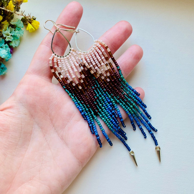 Emerald Green Blue Brown Seed Bead Fringe Chandelier Earrings, Very Extra Long Dangle Peacock Feathers Earrings, Indigenous Earthy Earrings image 5