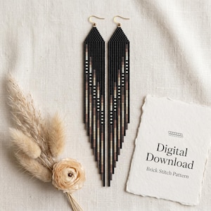 May include: Long, beaded earrings in black, tan, and white. The earrings have a fringe design and gold-colored ear wires. A digital download card with the text "Digital Download Brick Stitch Pattern" is on the right.