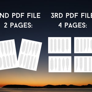 May include: Two PDF files with a total of six pages showing a pattern of white feathers on a white background. The first file has two pages and the second file has four pages. The text "2ND PDF FILE 2 PAGES" and "3RD PDF FILE 4 PAGES" is displayed above the files.