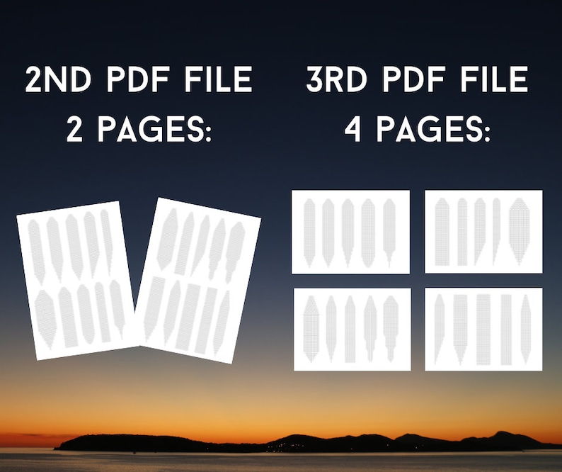 May include: Two PDF files with a total of six pages showing a pattern of white feathers on a white background. The first file has two pages and the second file has four pages. The text "2ND PDF FILE 2 PAGES" and "3RD PDF FILE 4 PAGES" is displayed above the files.