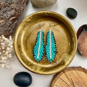 Turquoise Seed Bead Feather Earrings, Fringe Indigenous style Earrings Native inspired, Long Dangle Earrings, Blue Bohemian Unique Earrings