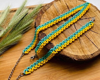 Ukraine Flag Seed Bead Choker Bracelet Set, Boho Jewelry