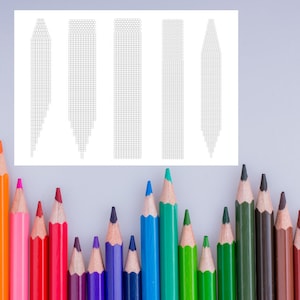 May include: A set of five colouring pages featuring different shapes of pencils. The pages are printed on white paper and are ready to be coloured with crayons, markers, or coloured pencils. The pages are arranged in a row, with the pencils getting progressively larger from left to right. The pencils are all black and white, and they are all drawn in a simple, cartoon style.