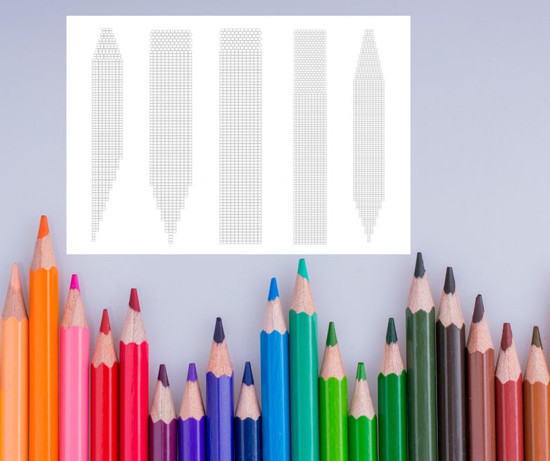 May include: A set of five colouring pages featuring different shapes of pencils. The pages are printed on white paper and are ready to be coloured with crayons, markers, or coloured pencils. The pages are arranged in a row, with the pencils getting progressively larger from left to right. The pencils are all black and white, and they are all drawn in a simple, cartoon style.