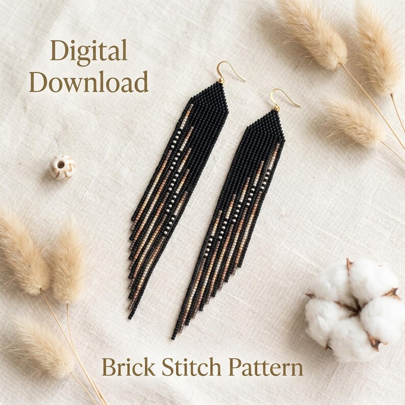 May include: Black beaded earrings with gold-colored hooks. The earrings have a geometric design with a fringe of black, gold, and white beads. The words "Digital Download" and "Brick Stitch Pattern" are visible.