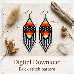 May include: A pair of diamond-shaped beaded earrings featuring a gradient pattern of white, yellow, orange, red, and black beads with turquoise accents. The earrings have long, dangling fringe made of black and white beads and bronze-toned hooks.