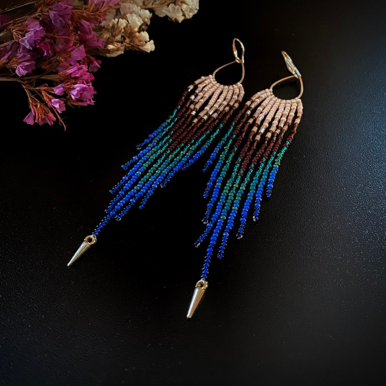 Emerald Green Blue Brown Seed Bead Fringe Chandelier Earrings, Very Extra Long Dangle Peacock Feathers Earrings, Indigenous Earthy Earrings image 8