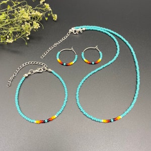 Minimalist Boho Handmade Seed Bead Indigenous Jewelry Set Native inspired, Hippie Turquoise Colorful Necklace Choker Hoop Earrings Bracelet