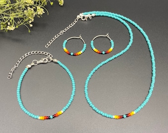 Minimalist Boho Handmade Seed Bead Indigenous Jewelry Set Native inspired, Hippie Turquoise Colorful Necklace Choker Hoop Earrings Bracelet