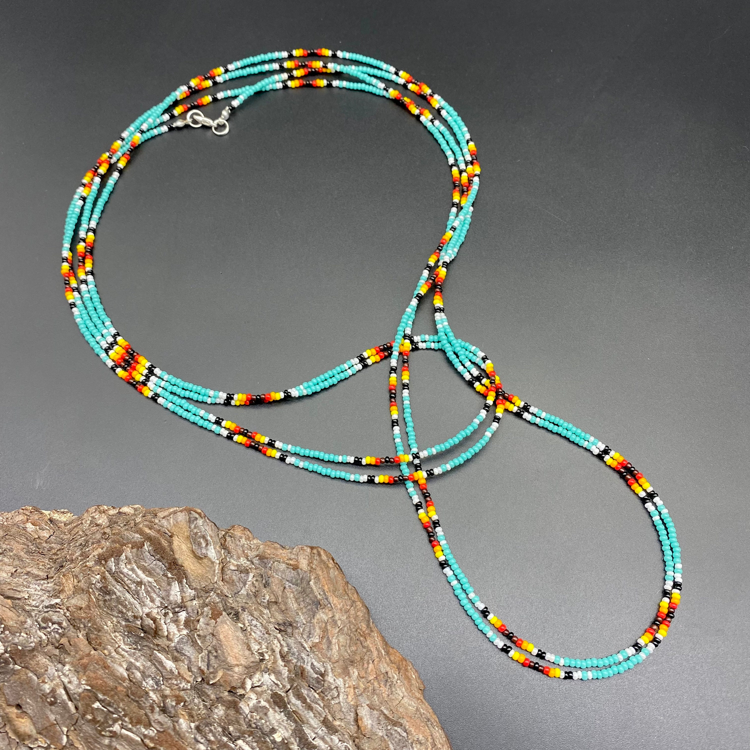 Yellow & Blue Seed Beaded Native Style Necklace & Earrings Set – Brass, Glass Beads