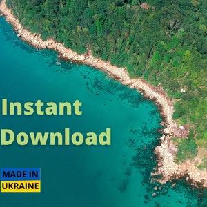 May include: An aerial view of a rocky coastline with turquoise water. Lush green trees line the shore. The text "Instant Download" and "MADE IN UKRAINE" are superimposed on the image.