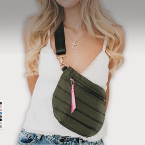 Olive Green Quilted Puffer Belt Bag: Crossbody Sling with Gold Hardware